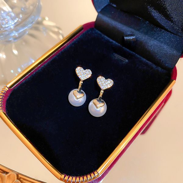 

gold plated silver needle zircon heart pearl earrings korean design temperament stud earrings fashion high-end eardrop for women, Golden
