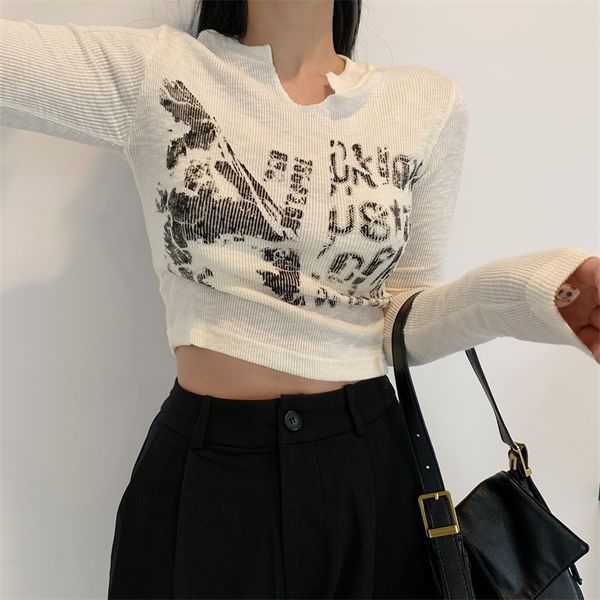 

long sleeve cropped grunge clothes vintage letter tshirt aesthetic clothes korean style chic slim autumn y2k streetwear 220714, White