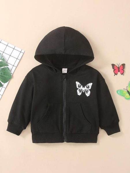 

baby butterfly and slogan graphic zip up hoodie she, Black
