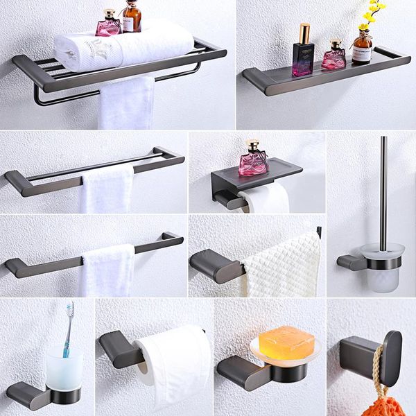 Bad-Zubehör-Set Gunmetal Grey Badezimmer-Hardware Handtuchhalter Kleiderbügel Papierhalter für Telefon Toilettenbürste Haken Seifenschale ZubehörBad