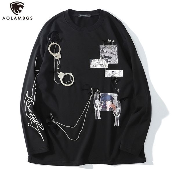 

aolamegs comics anime manga illustration hook and loop fastener chain design thin sweatshirt streetwear men high street pullover 220813, Black