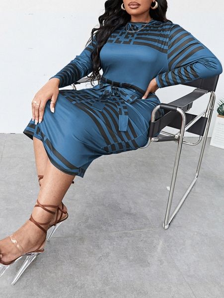 

sxy plus striped & geo print belted bodycon dress u4il#, Black