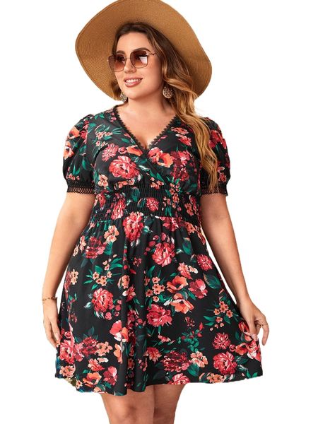 

plus floral print shirred lace trim dress a70e#, Black