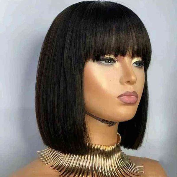 

straight bob wig with bangs bone remy human hair s for women brazilian full machine made s fringe 220609, Black;brown