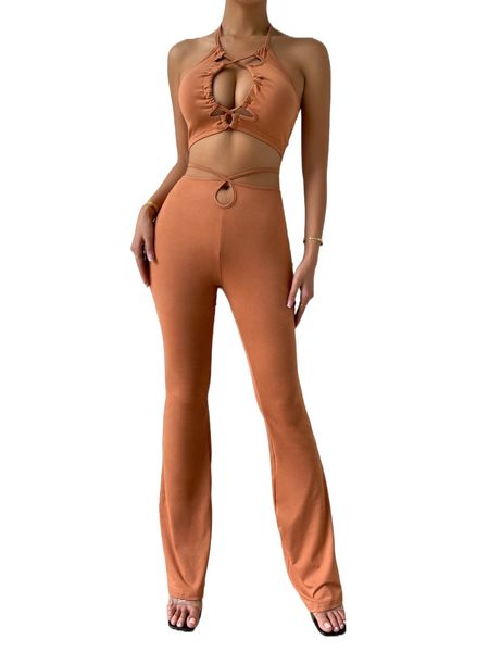 

cut out backless halter & tie back pants a30h#, White