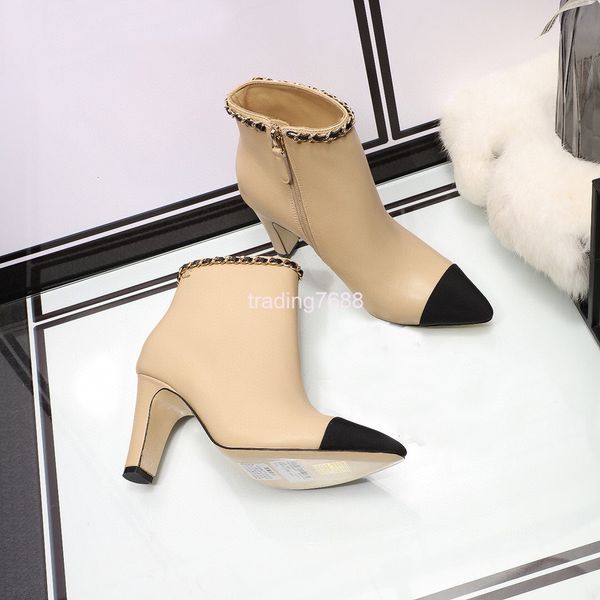 

boots autumn and winter women's boots fashion pointed metal chain thick high heels short chelsea martin, Black