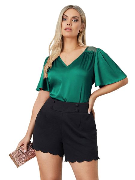 

plus lace insert butterfly sleeve blouse m1lw#, Black