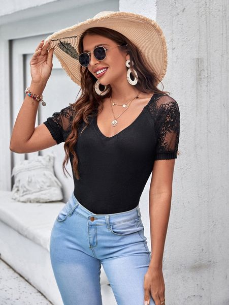 

lace raglan sleeve knit x2rn#, White;black