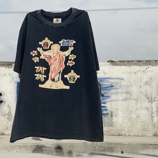 

plus size t shirts men's vintage t-shirts saint tears print hip hop man summer men women oversize streetwear washed old tee loose tees, White;black