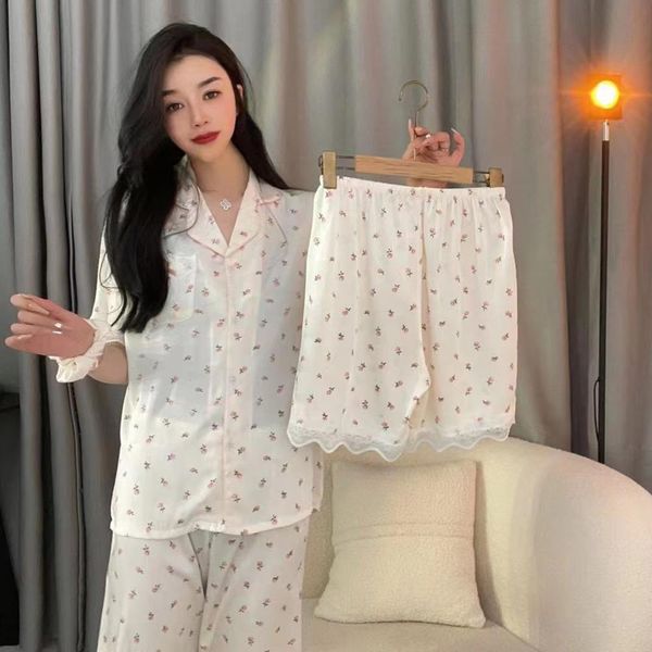 

summer print fashion 3 sleepwear pcs suit shorts long pant women pajamas lace sweet pyjamas, Black;red