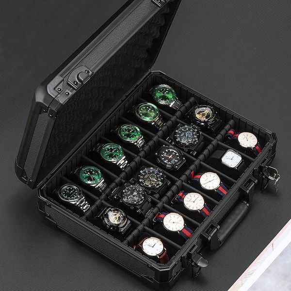 Uhrenboxen, Luxus-Mode, schwarze Farbe, strukturiert, hochwertige 18 Fächer, Aufbewahrungsbox aus Aluminiumlegierung für Uhren