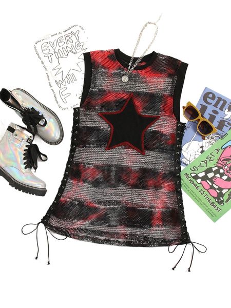 

tie dye star patched grommet lace up sheer tank 391z#, White