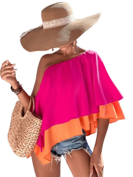 

color block one shoulder asymmetrical hem versatile y088#, White