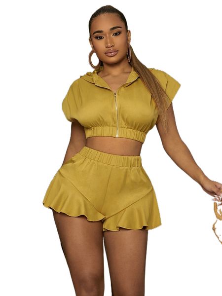 

sxy zip up batwing sleeve crop hooded & ruffle hem shorts h82g#, White