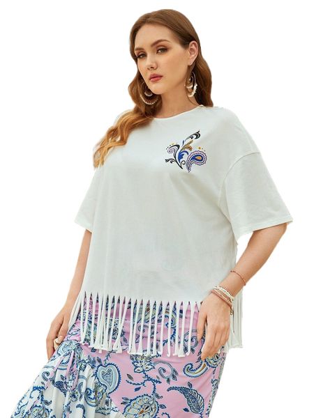 

plus paisley print fringe hem drop shoulder t-shirt y2ab#, Black