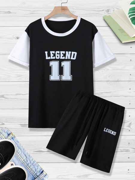 

men letter graphic drop shoulder tee & drawstring waist shorts r1ul#, Gray