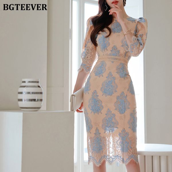 

bgteever new autumn bodycon dress for women elegant o-neck puff sleeve lace slim waist women dress 2021 package hip vestidos, Black;gray