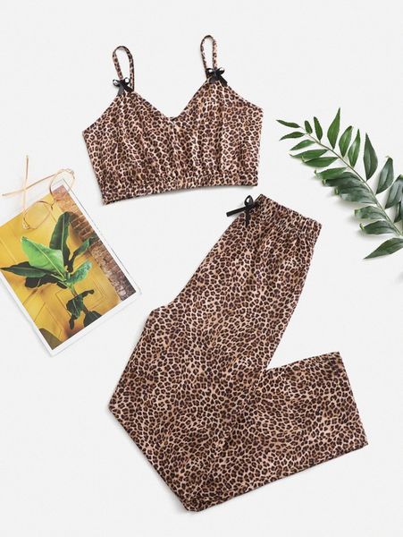 

leopard print bow detail crop cami & pants pj set s1nq#, Black;red