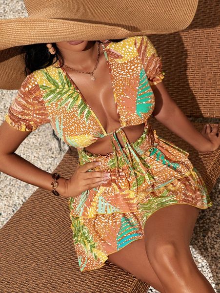 

sxy tropical print tie front dress a4ob#, Black;gray