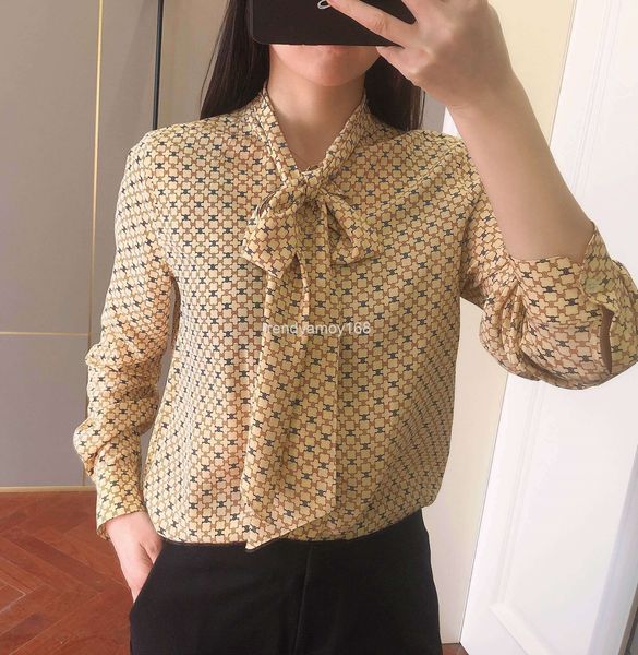 

women's polos pure original cel1n * silk rattan print crepe bow loose shirt australian niche brand, White