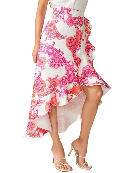 

high waist paisley print wrap ruffle hem skirt 94ee#, Black
