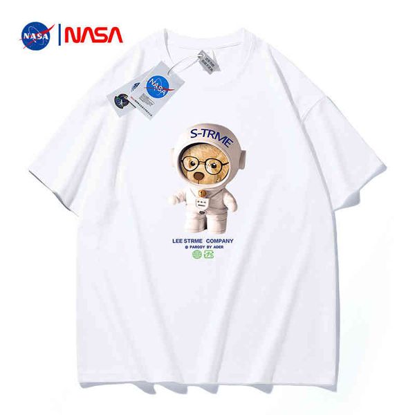 

2022 new nasa co branded bear print short sleeve t-shirt men and women's pure cotton loose shoulder bottomed shirt, White;black