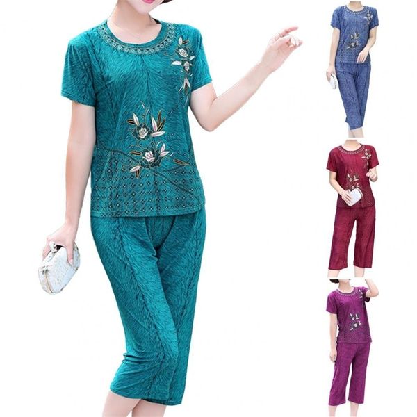 

summer women o neck elegant floral print shorts loose outfit short sleeve tshirt sets casual 220611, White