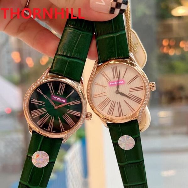 Orologi di design da donna a due pin di lusso orologio di moda in vera pelle verde 36mm Relojes De Marca Mujer Lady Dress orologio da polso orologio al quarzo