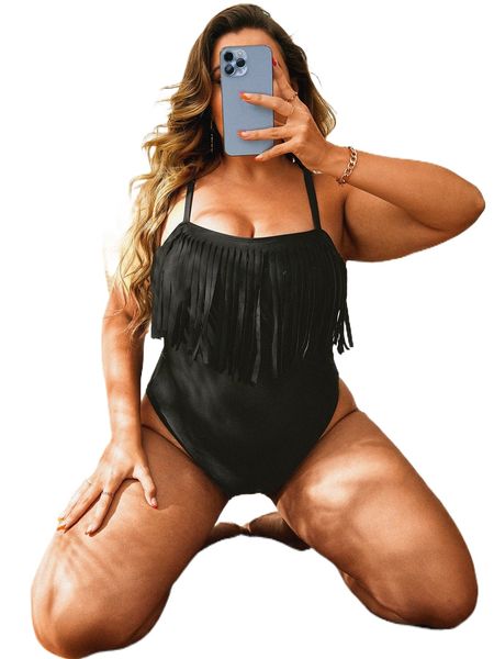 

plus fringe trim one piece swimsuit r284#, White;black