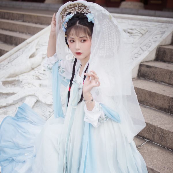 

ins white blue wadding original authentic placket womens han chinese clothing digital printing gradient color chest-high dress 6  swi, Black;gray