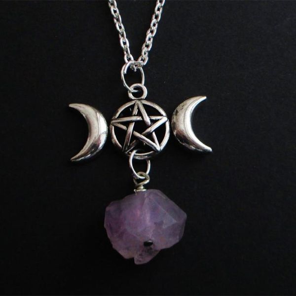 Colares pendentes Witch Purple Raw Crystal Triple Moon Chain colar
