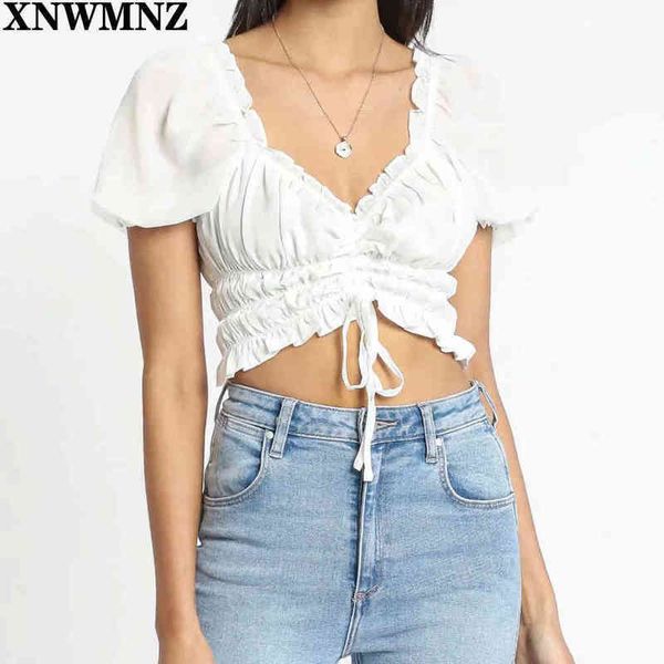 

xnwmnz womens blouse crop front drawstring women blouse ruched summer harajuku short sleeve shirt mujer 210513, White