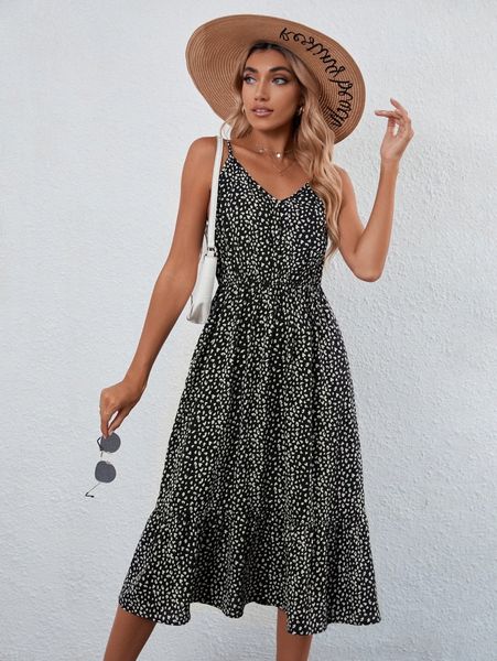 

allover print ruffle hem slip dress 02uf#, Black;gray