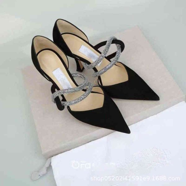

sandals early spring crystal drill cross belt sheepskin suede pointed hollow thin heel high-heeled shoes women's single, Black