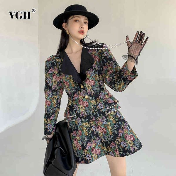

vintage print dress for women lapel long sleeve high waist hit color patchwork elegant mini dresses female summer style 210507, Black;gray