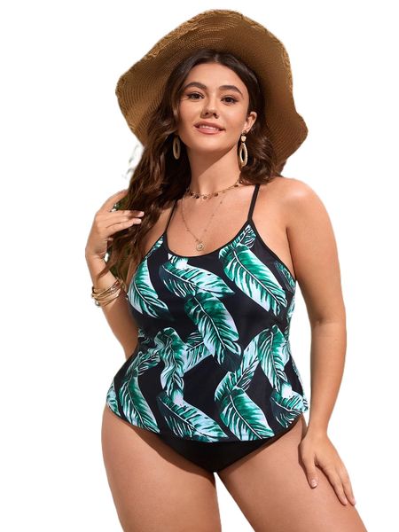 

plus plant print criss cross bikini swimsuit 19jl#, White;black