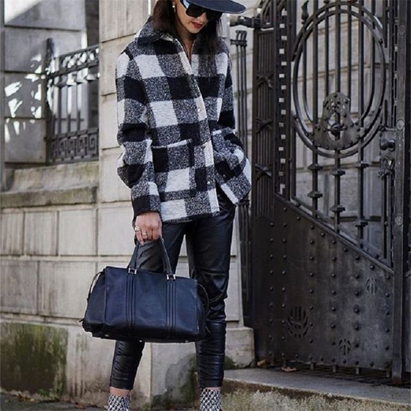 

vintage plaid woolen jacket fashion women autumn thick check shirt jacket elegant ladies turn-down collar coats 201222, Black