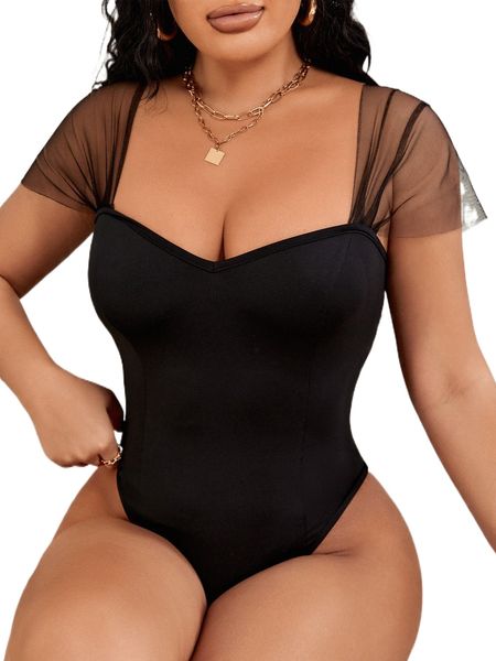 

sxy contrast mesh sweetheart neck bodysuit g4z0#, White