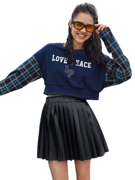 

letter and tartan print drop shoulder sweatshirt & pleated skirt x3ps#, White
