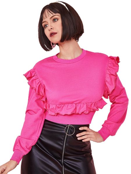 

solid ruffle trim sweatshirt p0ke#, Black