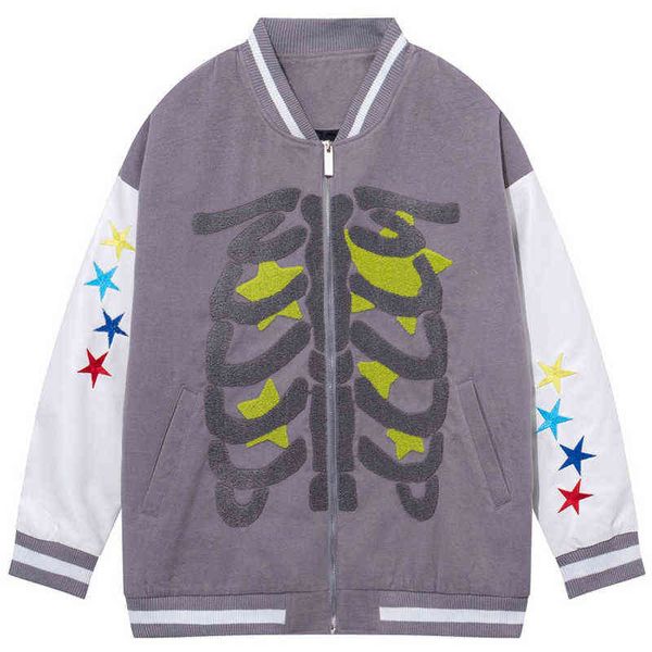 

hip hop suede baseball jacket men skeleton star embroidery patchwork women couple oversized streetwear bomber college jacket t220728, Black;brown