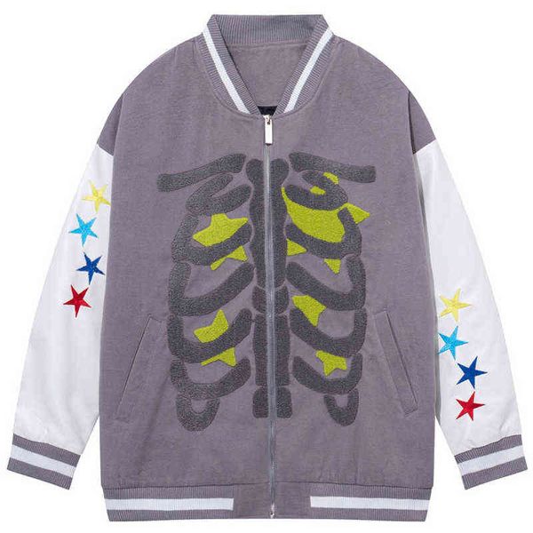 Hip Hop Wildleder Baseball Jacke Männer Skeleton Stern Stickerei Patchwork Frauen Paar Übergroße Streetwear Bomber College Jacke T220728