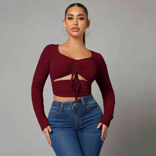 

women's tracksuits 2022 spring women's v-neck hollowed out slim long sleeved t-shirt bottomed shirt pxxm, Gray