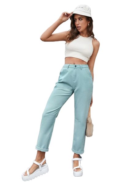 

zipper fly slant pocket straight leg jeans w1am#, Blue