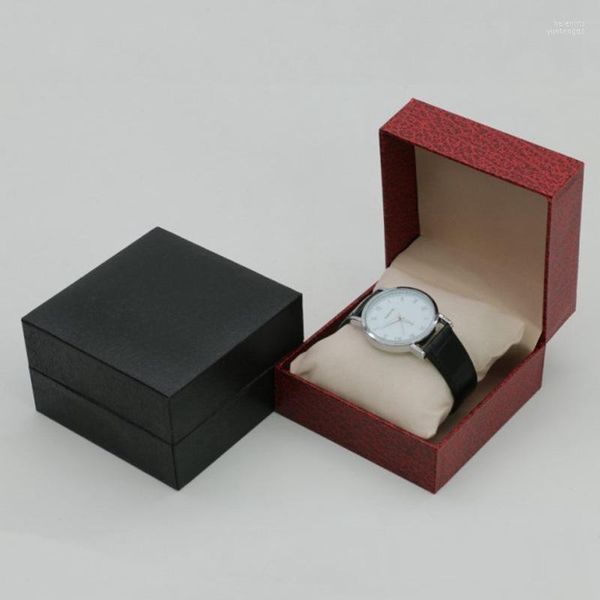 Scatole per orologi Custodie Flip Litchi Pattern Box Orologi in similpelle Imballaggi quadrati Timbratura regalo in plastica Hele22