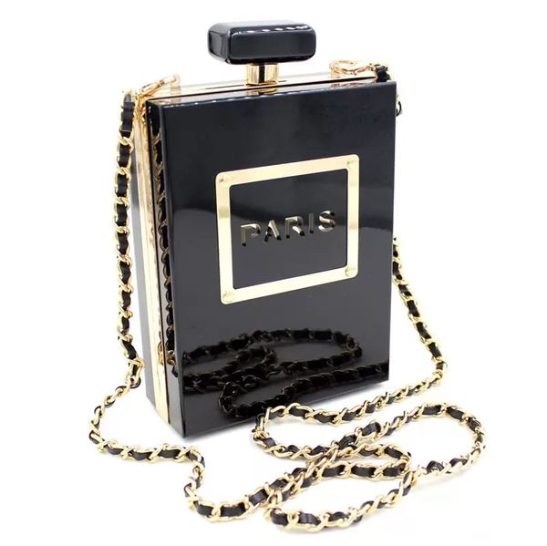 borsa elegante per le donne Famosa scatola acrilica Bottiglie di profumo a forma di catena Pochette da sera Borse da donna Pochette Perspex Chiaro / Nero data borsa da notte