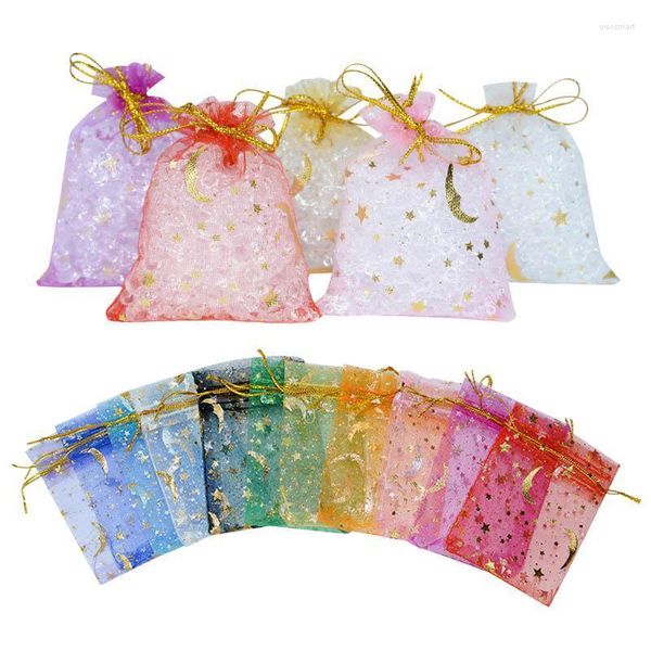 7x9cm Moon Star Organza Jewelry Gift Drawable Bag Matrimonio Compleanno Ramadan Festival Favore di partito Candy Packaging Borse Wrap