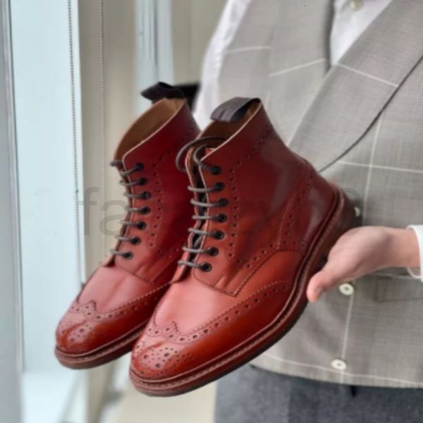 

boots designer men's boots martin high pu leather lace up round head low heel brock carved hair stylist cowboy, Black