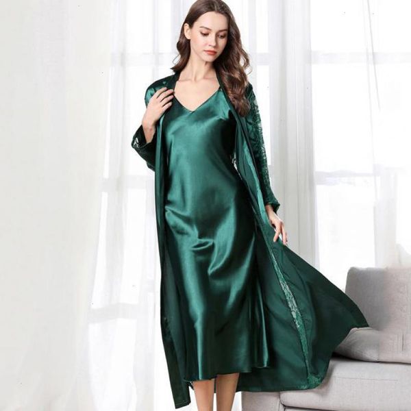 

2 pcs robe set female sleepwear lace hollow out kimono long gown suit intimate lingerie spring v-neck loungewear, Black;red
