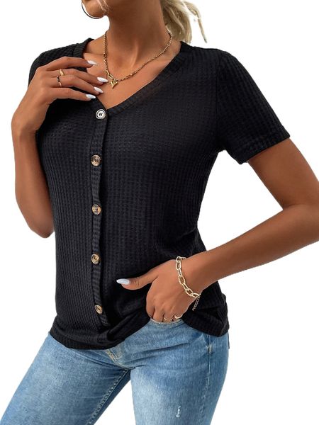 

button front waffle knit tee x9fq#, White